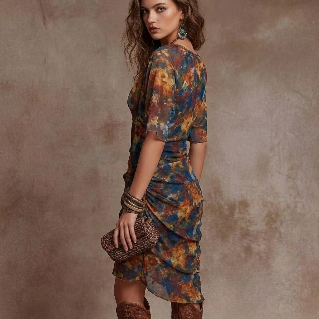 Aveline | Abstract Print Wrap V-Neck Ruched Midi Dress 3