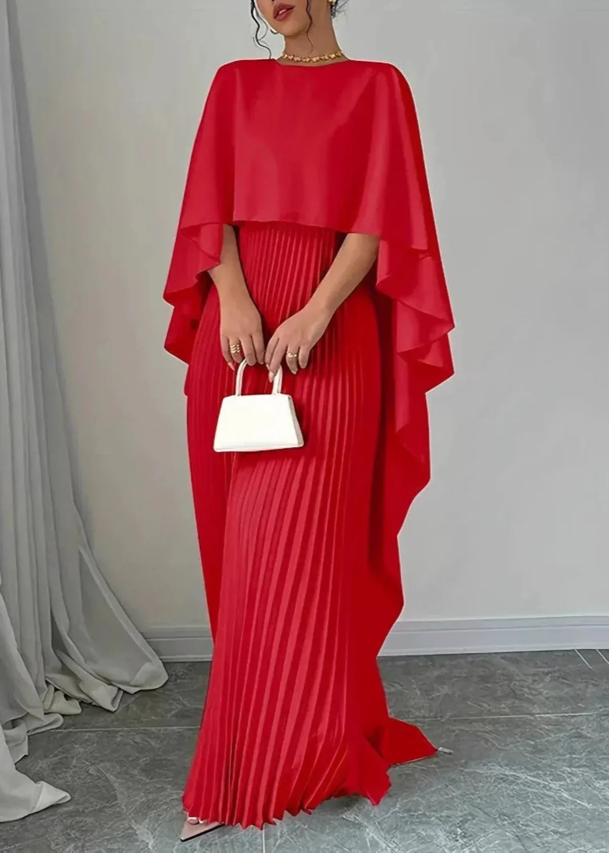 Makayla | Stylish Pleated Cape Maxi Dress 4