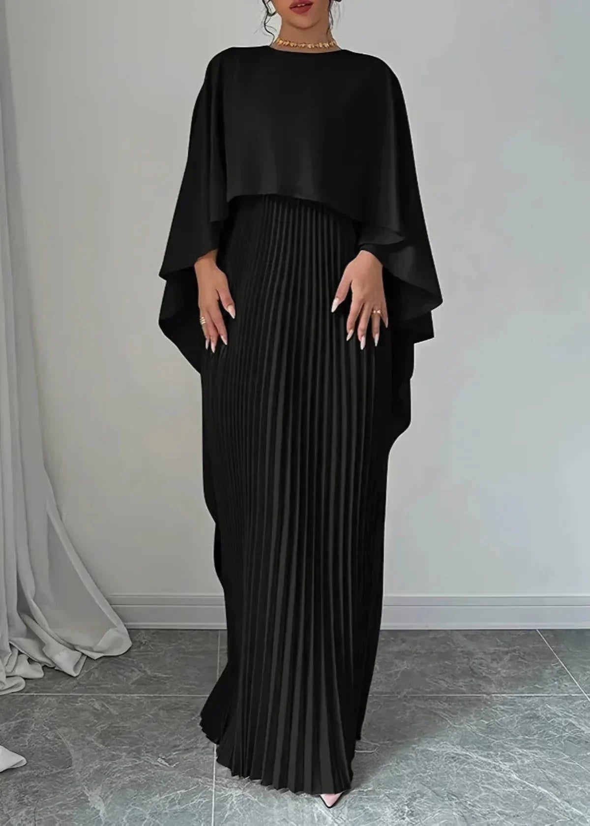 Makayla | Stylish Pleated Cape Maxi Dress 5