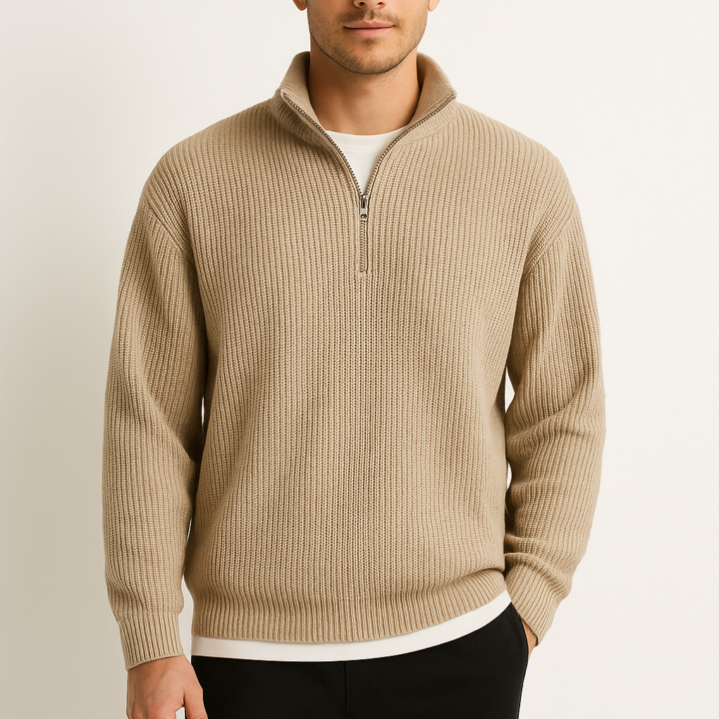Men's Ribbed Half-Zip Pullover Sweater with Stand Collar 2