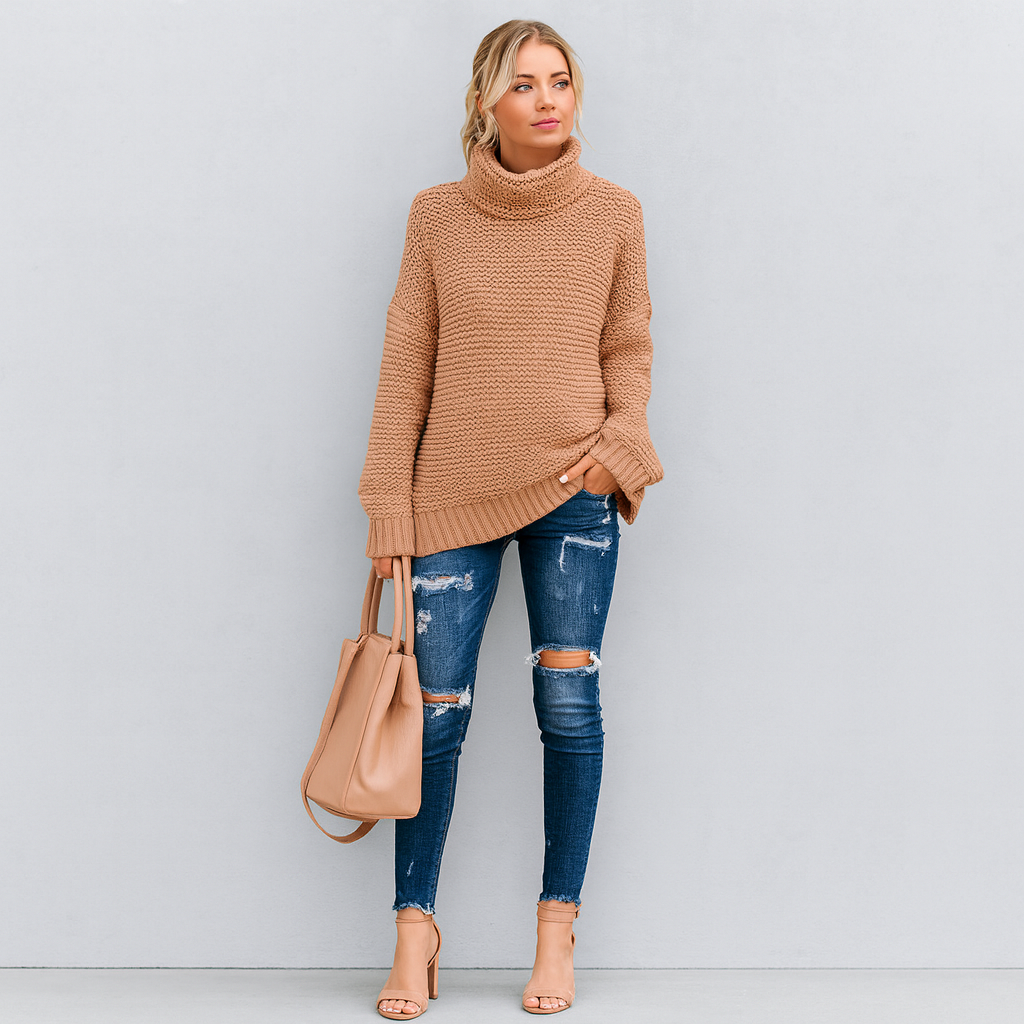 Women's Textured Turtleneck Sweater with Ribbed Cuffs 3