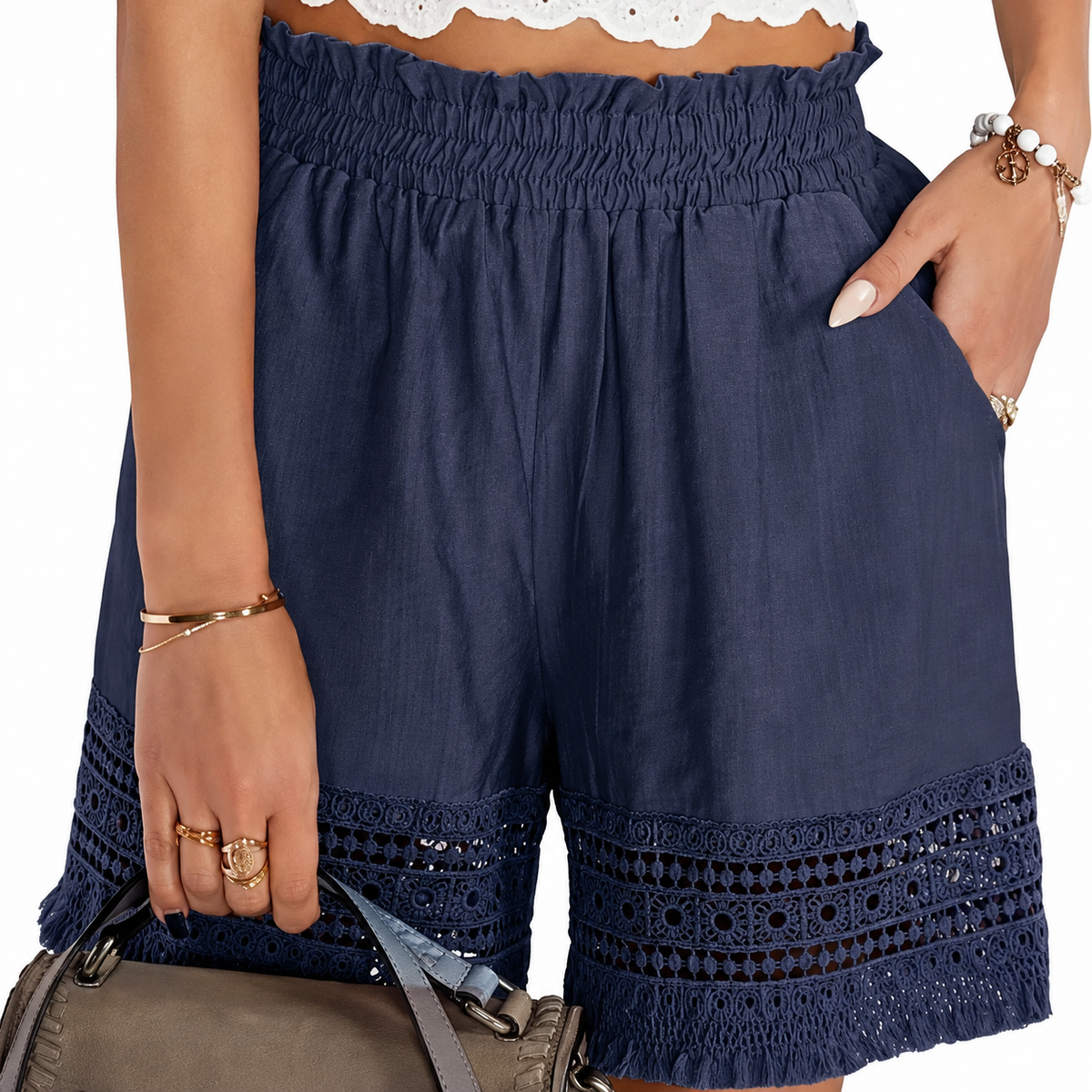 Chloette | Elegant Lace Trim Slant Pocket Shorts 4