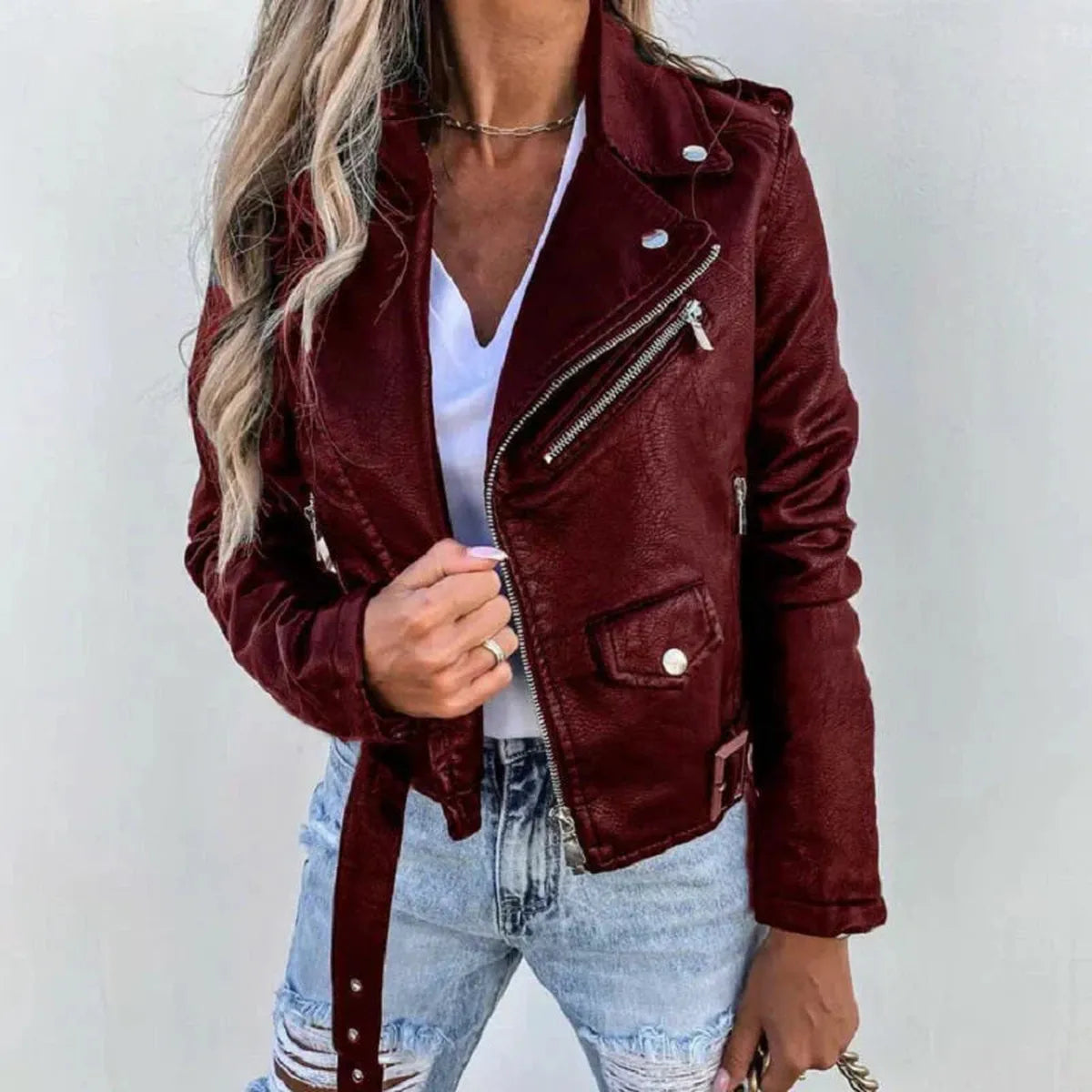 Women's Cropped Biker Jacket with Asymmetric Zip Front 2