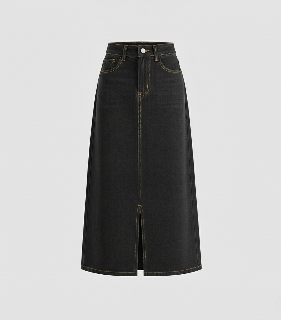 Women's Maxi Denim Skirt with Side Slit and Button Closure 2