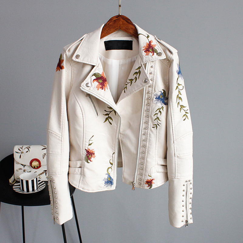 Women's Embroidered Moto Jacket with Floral Details 3