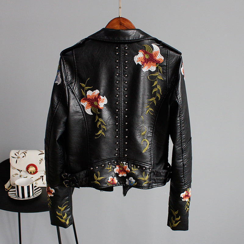 Women's Embroidered Moto Jacket with Floral Details 5
