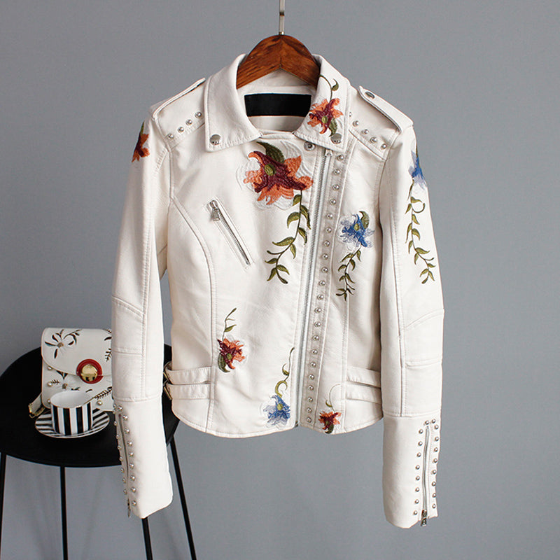 Women's Embroidered Moto Jacket with Floral Details 1