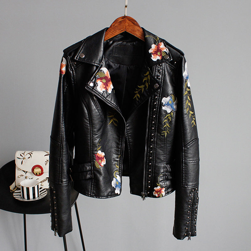 Women's Embroidered Moto Jacket with Floral Details 2