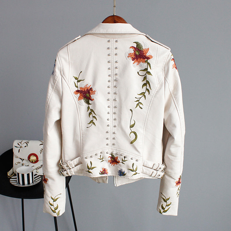 Women's Embroidered Moto Jacket with Floral Details 4