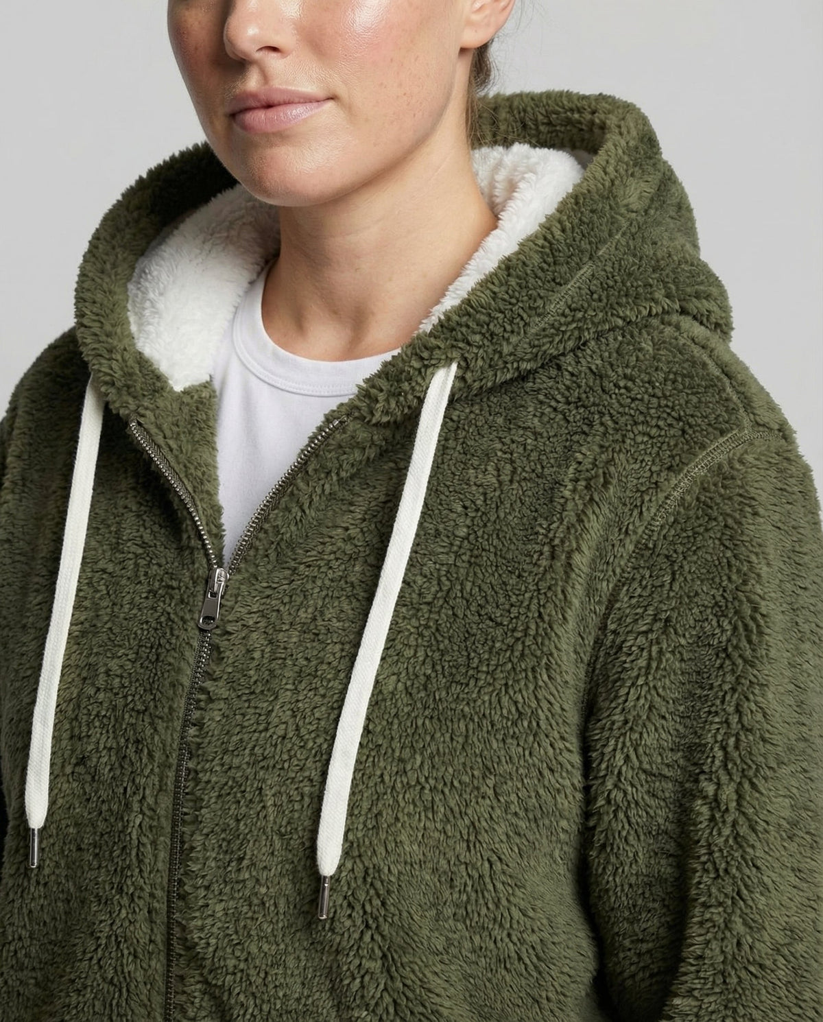 Women's Hooded Sherpa Jacket Full Zip with Drawstrings 14