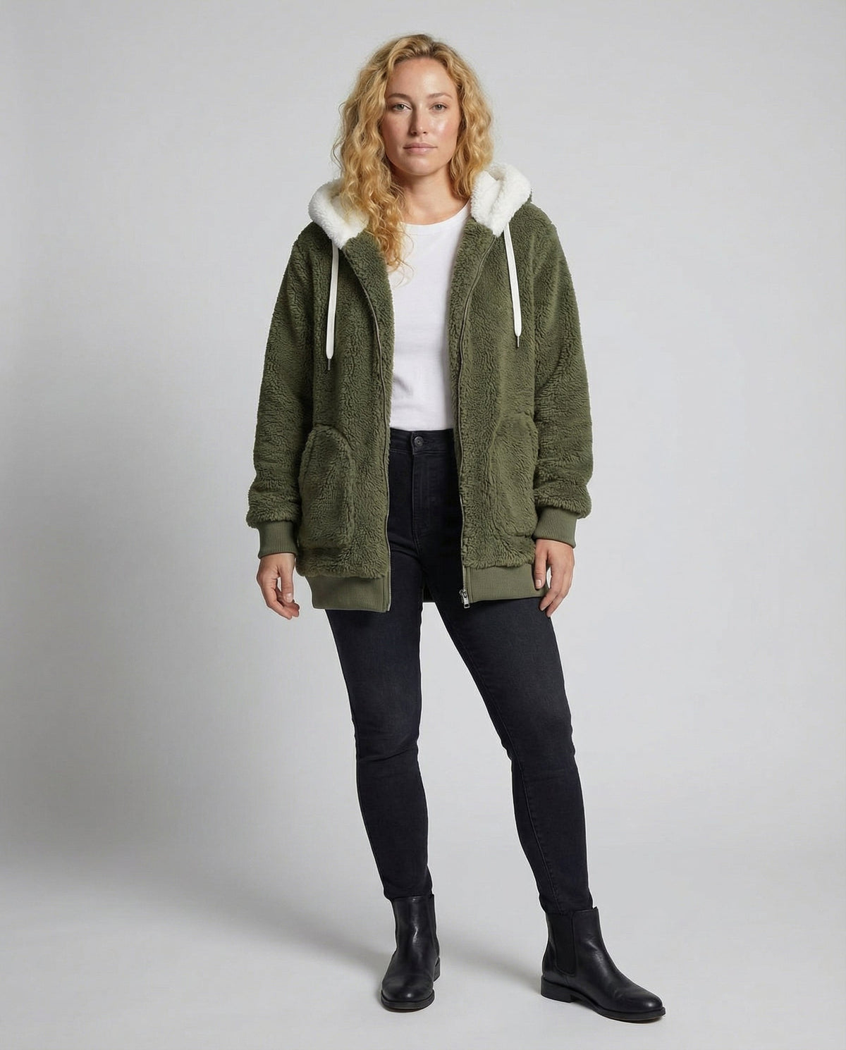 Women's Hooded Sherpa Jacket Full Zip with Drawstrings 11