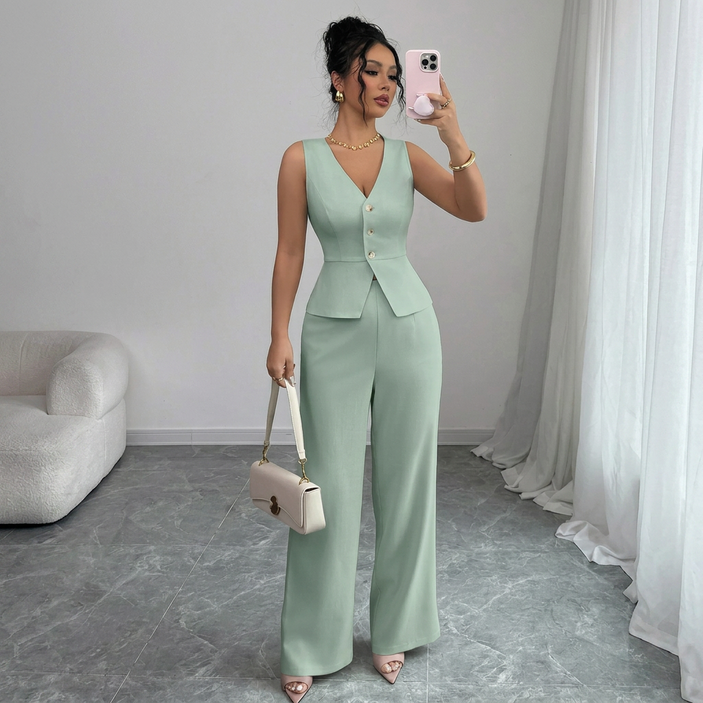 Isleen | Elegant Single-Breasted Vest and High-Waist Wide-Leg Pants Set 1