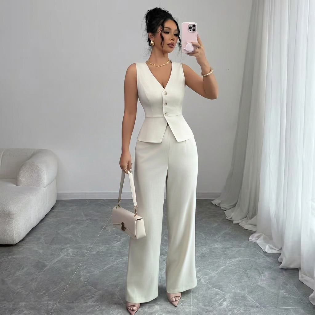Isleen | Elegant Single-Breasted Vest and High-Waist Wide-Leg Pants Set 5