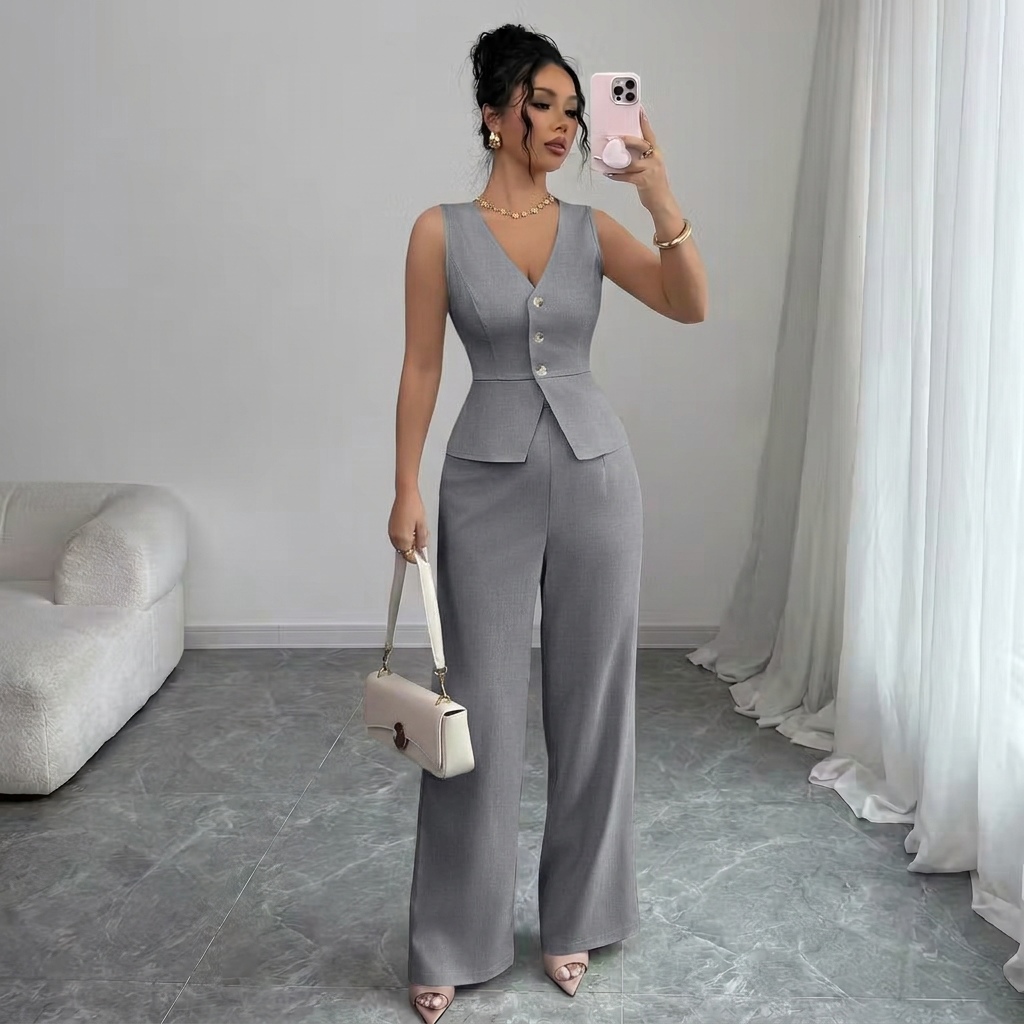 Isleen | Elegant Single-Breasted Vest and High-Waist Wide-Leg Pants Set 4