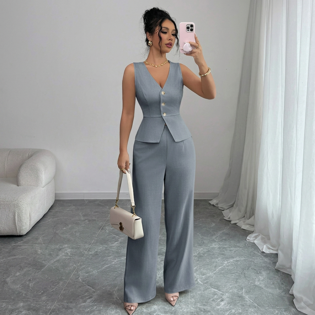 Isleen | Elegant Single-Breasted Vest and High-Waist Wide-Leg Pants Set 3