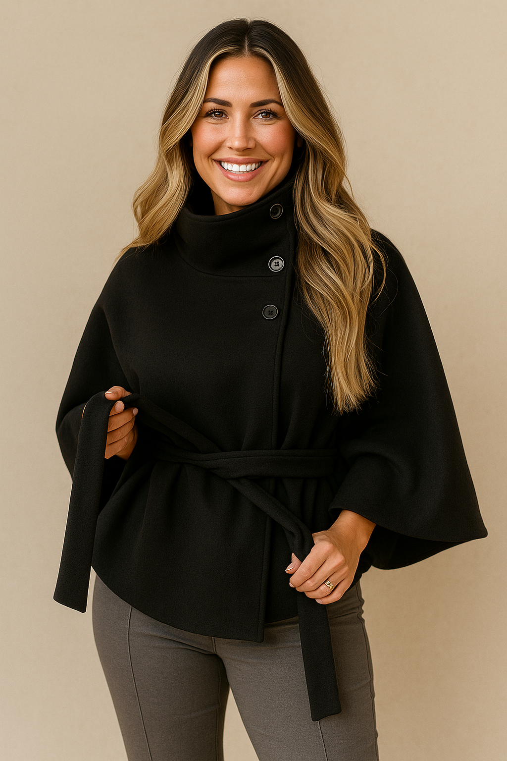 Women's Cape Coat with Belt and Button Closure 8