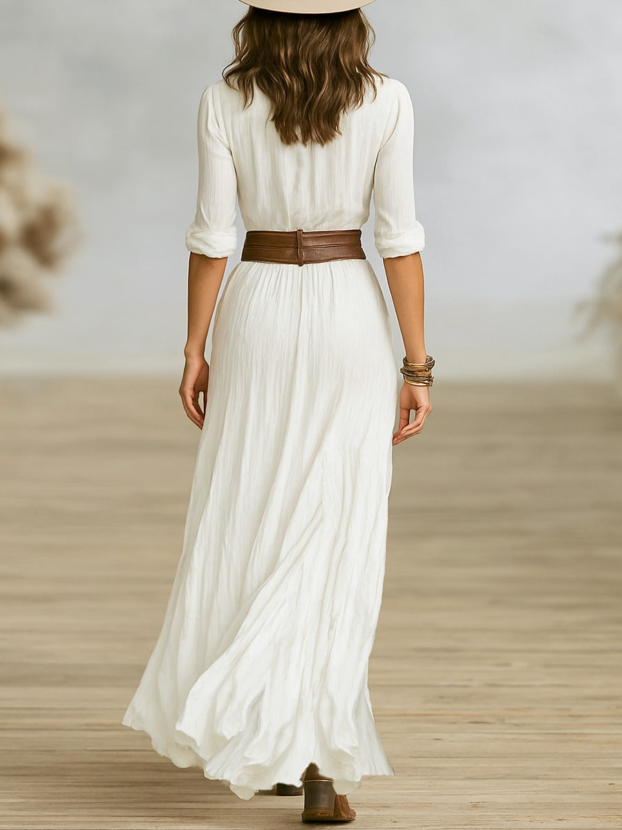 Crissanta | Long Belted Dress With Pleated Lapels 7