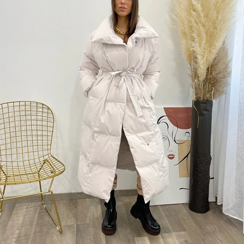 Women's Quilted Puffer Coat with Tie Belt Mid-Length 4