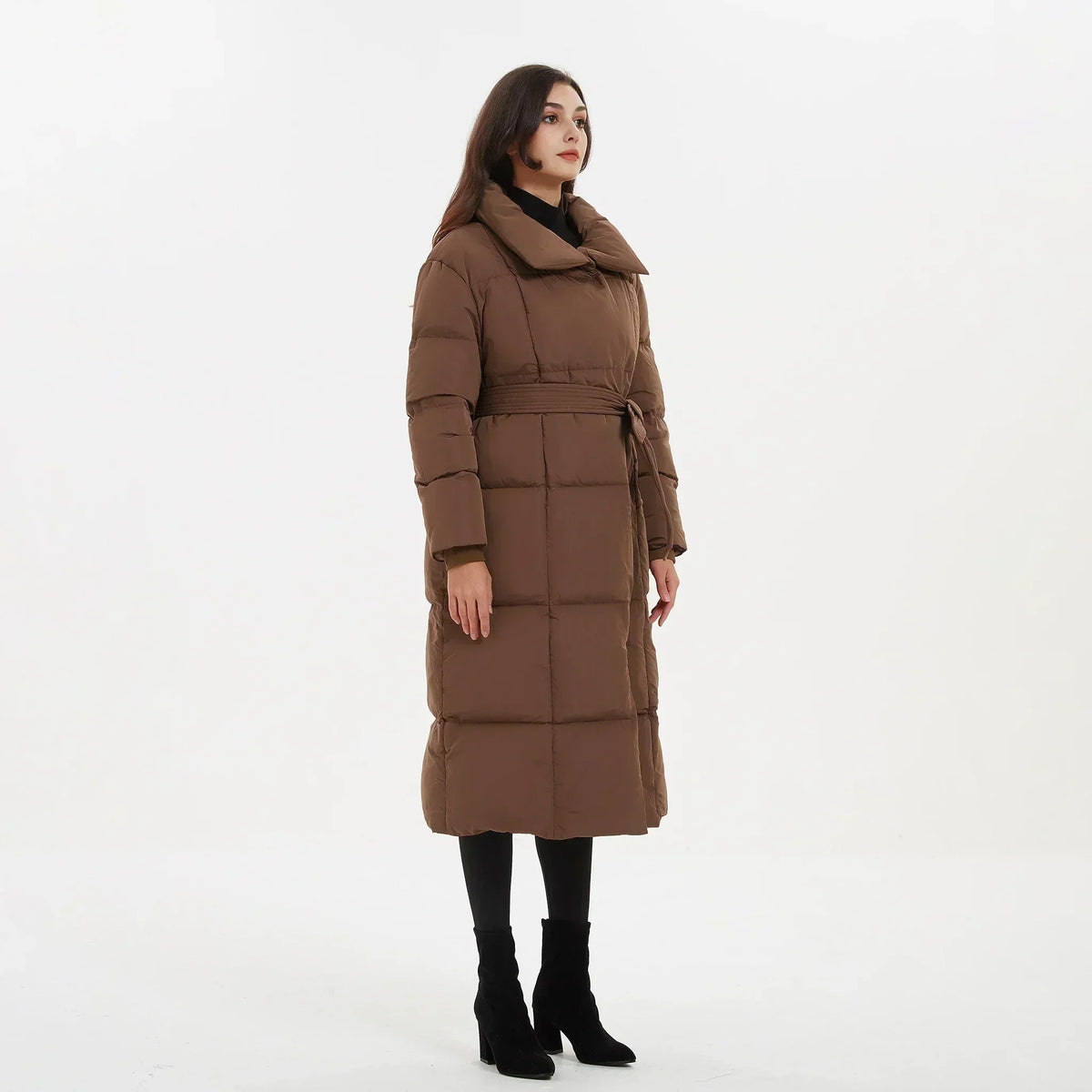 Women's Quilted Puffer Coat with Tie Belt Mid-Length 7