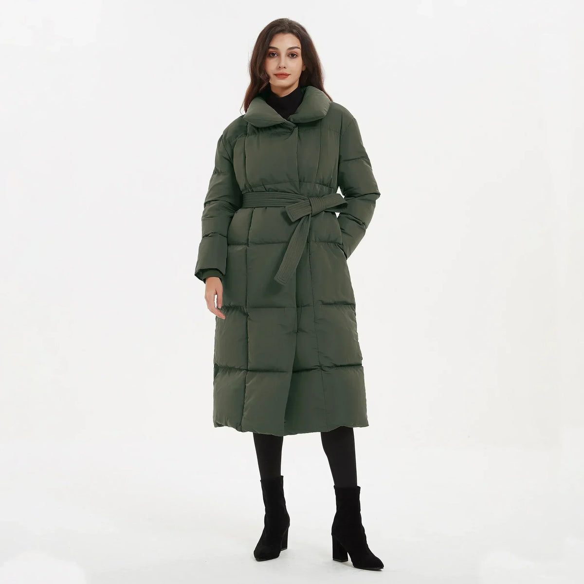 Women's Quilted Puffer Coat with Tie Belt Mid-Length 3