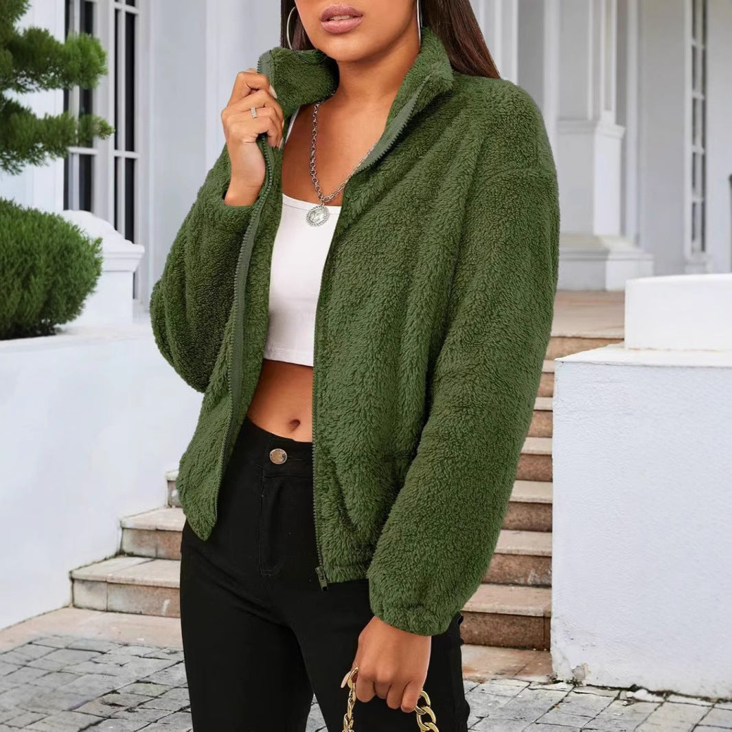 Women's Teddy Zip Jacket with High Collar and Relaxed Fit 7