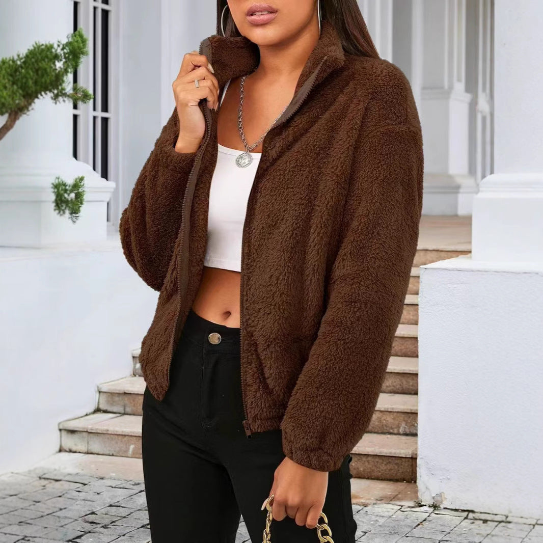Women's Teddy Zip Jacket with High Collar and Relaxed Fit 5