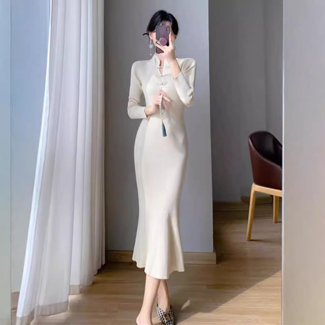 Women's Ribbed Knit Midi Dress with High Neck and Button Details 4