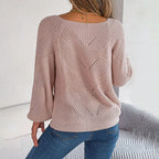 Women's Open-Knit Pullover Sweater with Balloon Sleeves 12