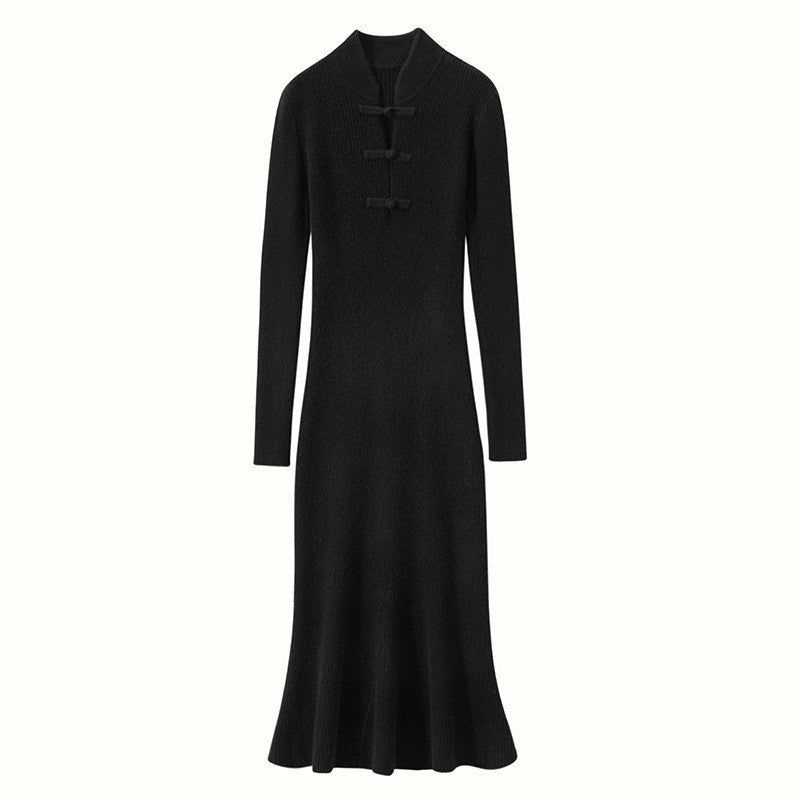 Women's Ribbed Knit Midi Dress with High Neck and Button Details 6