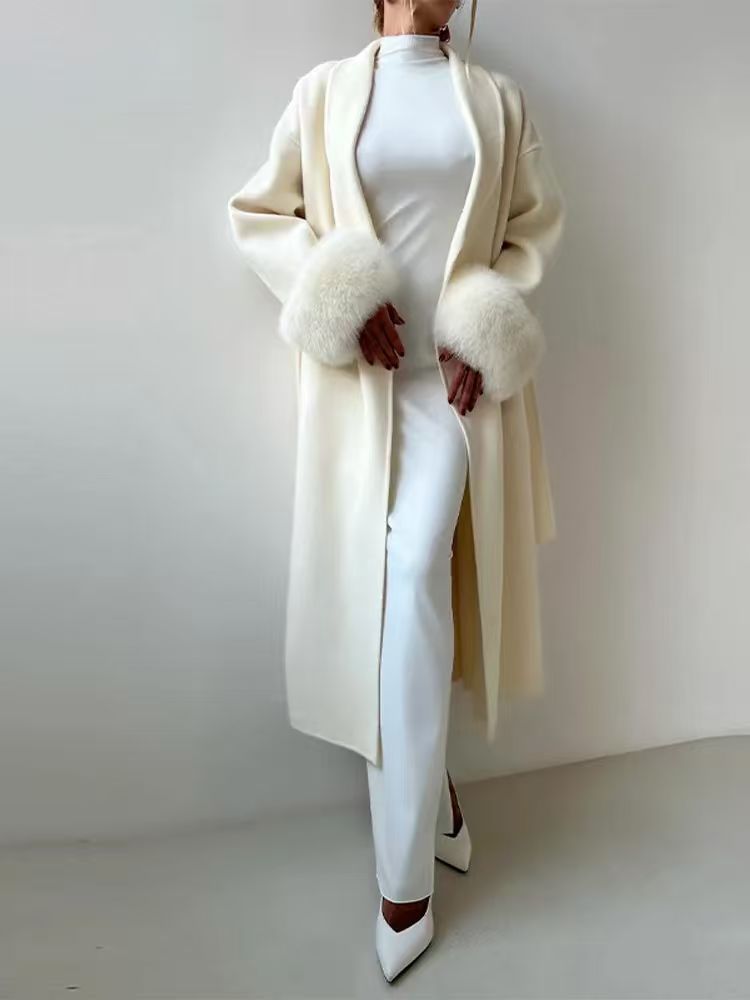 Women's Long Open-Front Coat with Faux Fur Cuffs 1