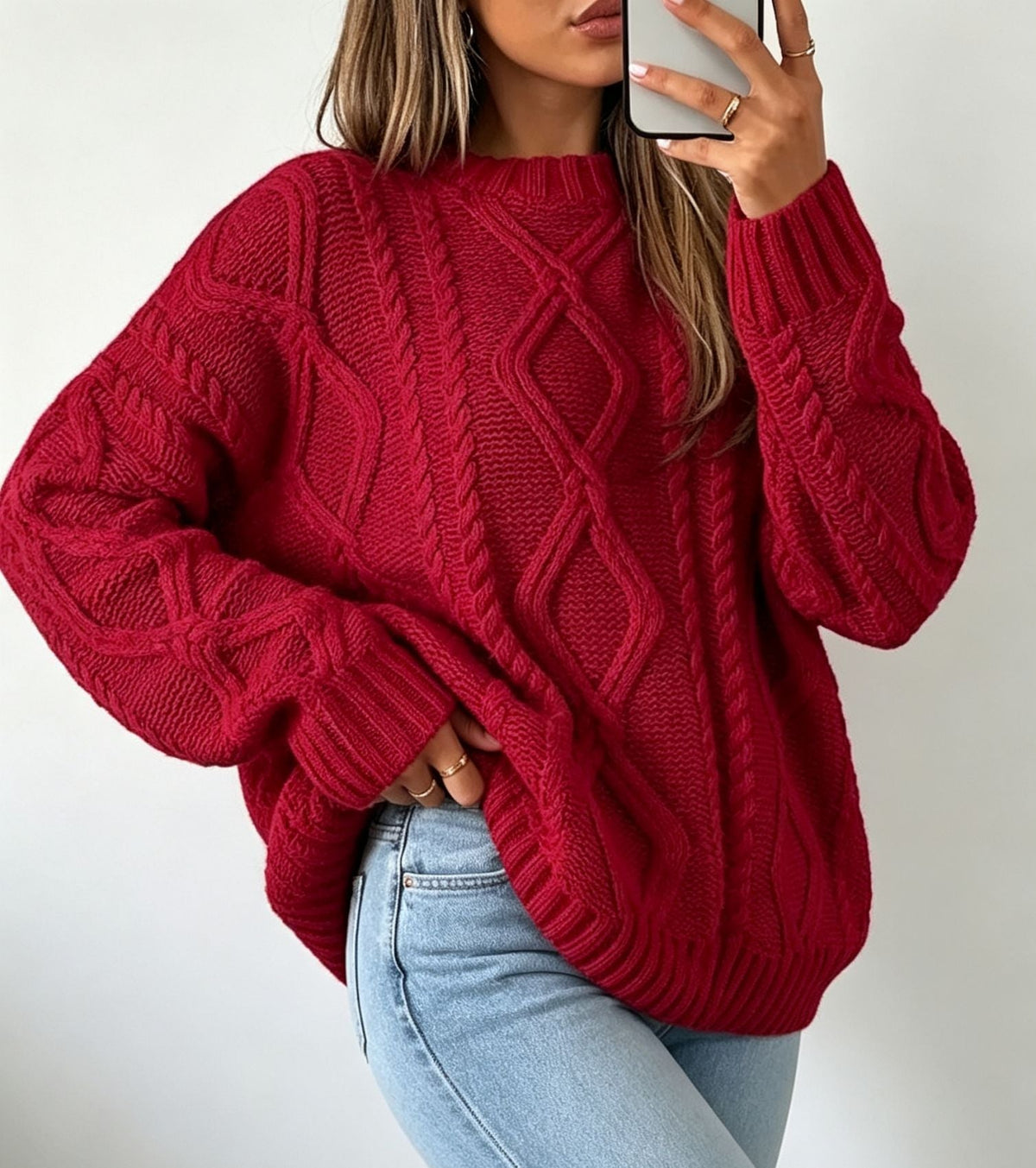Women's Oversized Cable-Knit Sweater with Crew Neck 7