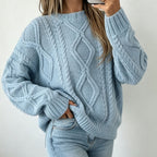 Women's Oversized Cable-Knit Sweater with Crew Neck 11