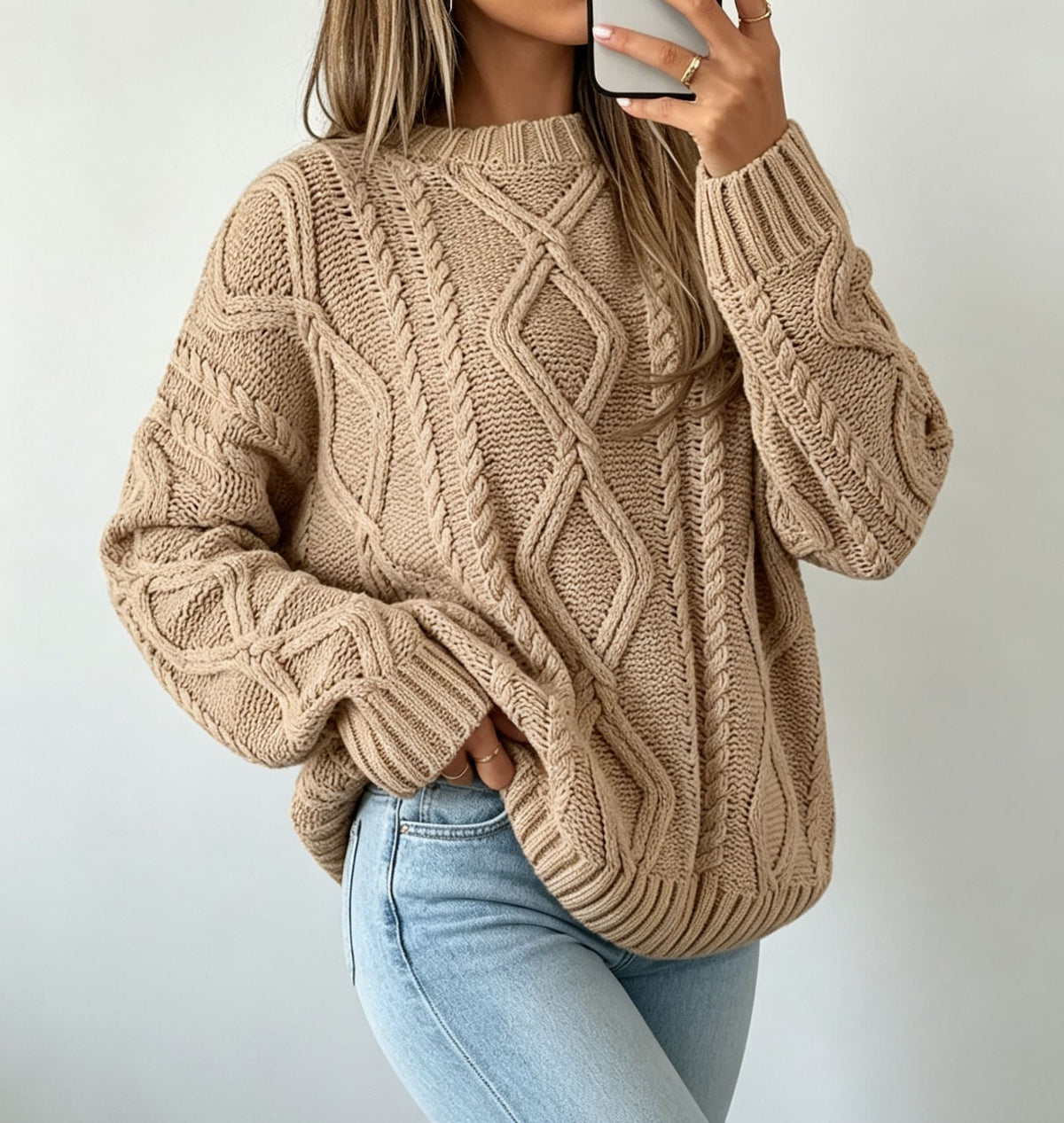 Women's Oversized Cable-Knit Sweater with Crew Neck 6