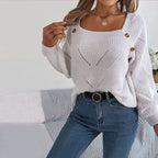 Women's Open-Knit Pullover Sweater with Balloon Sleeves 10