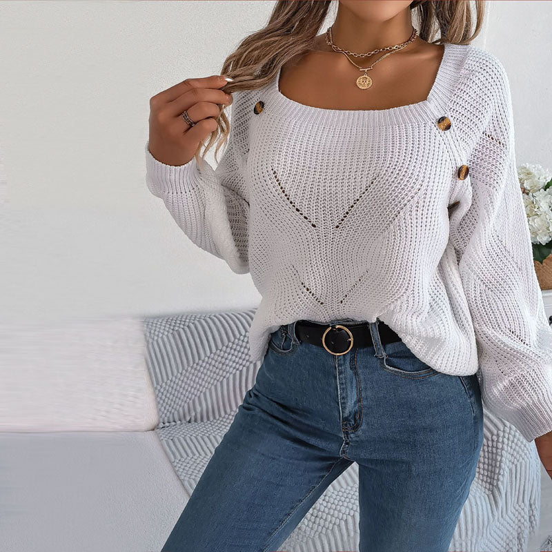 Women's Open-Knit Pullover Sweater with Balloon Sleeves 10