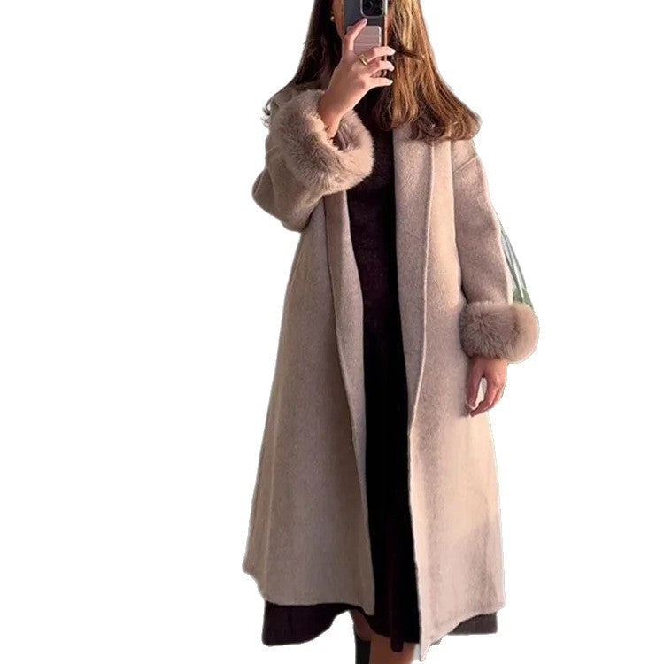 Women's Long Open-Front Coat with Faux Fur Cuffs 4