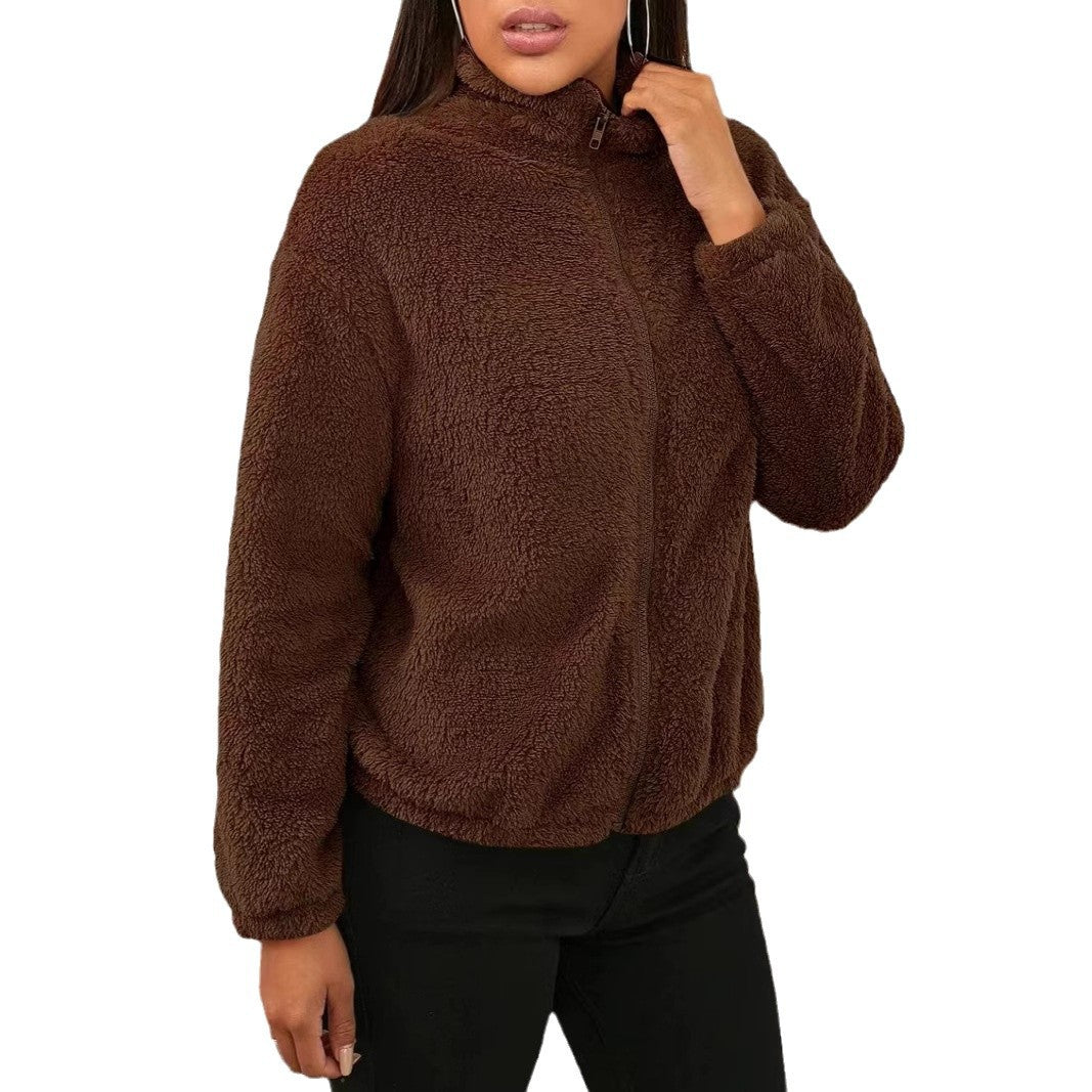 Women's Teddy Zip Jacket with High Collar and Relaxed Fit 8