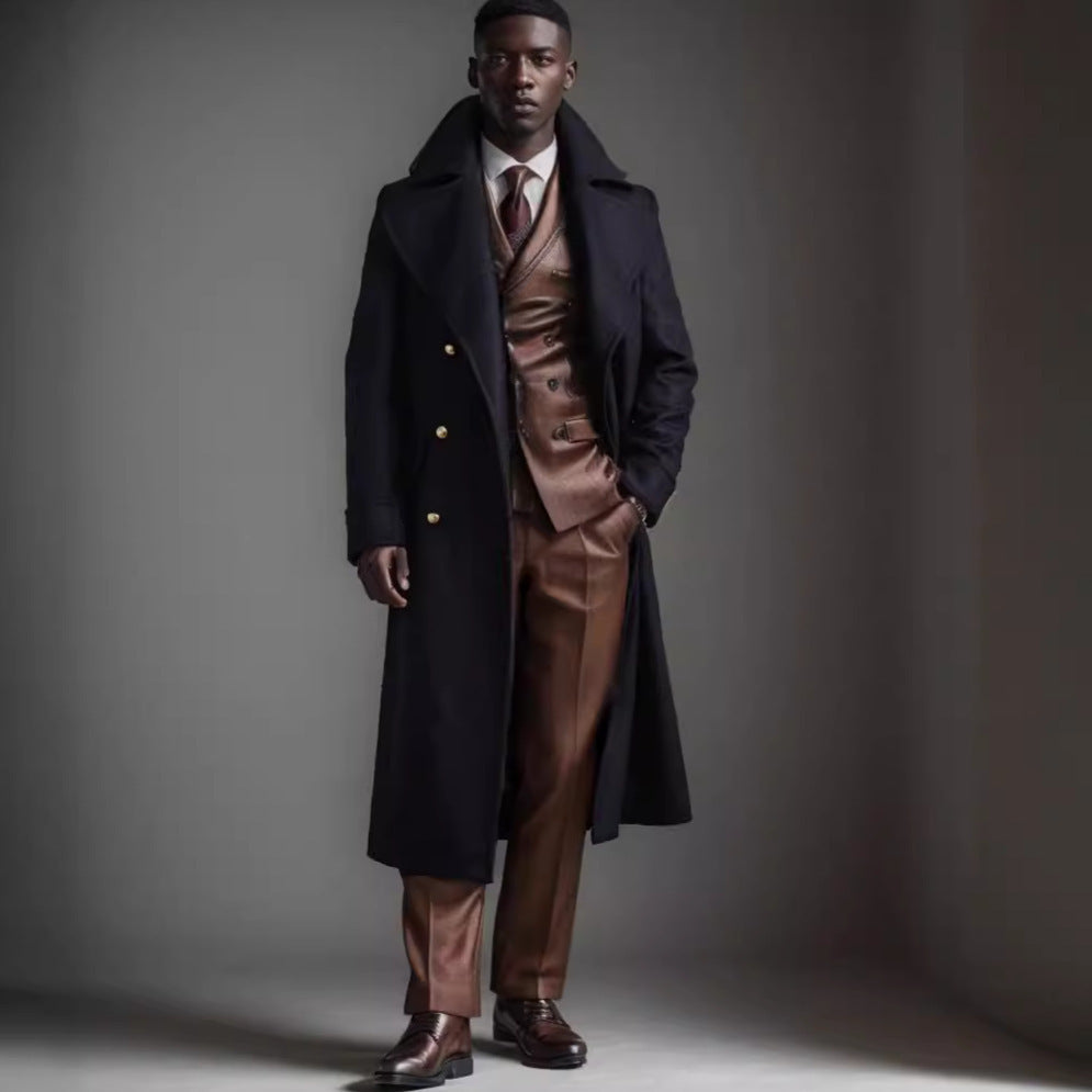 Men's Double-Breasted Long Overcoat Wide Collar 5