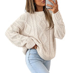 Women's Oversized Cable-Knit Sweater with Crew Neck 12