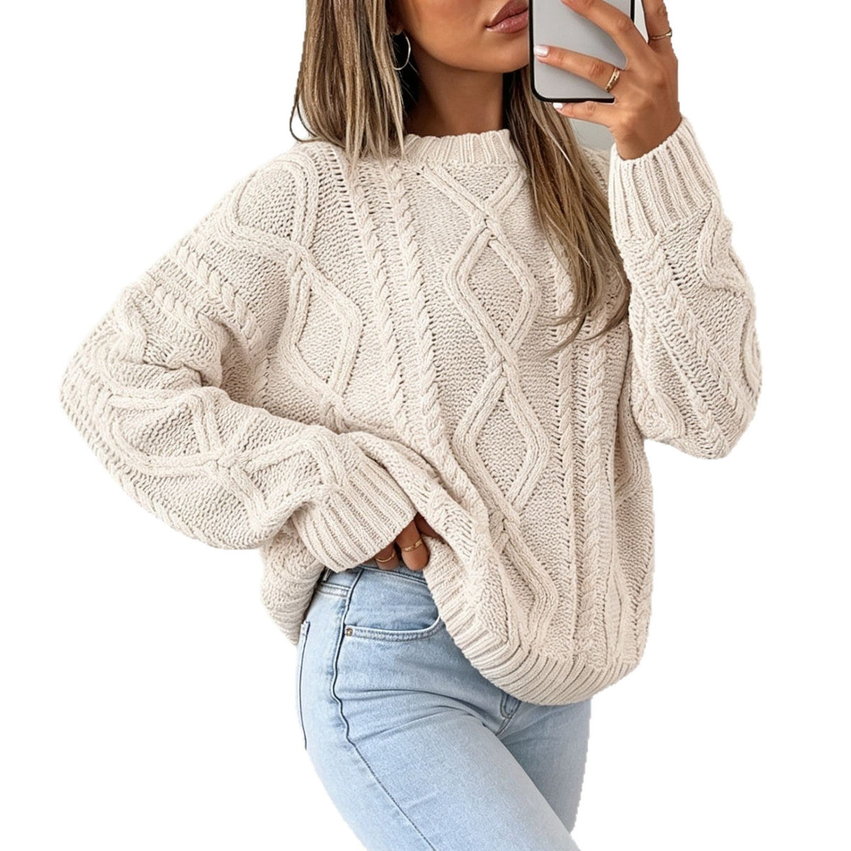 Women's Oversized Cable-Knit Sweater with Crew Neck 12