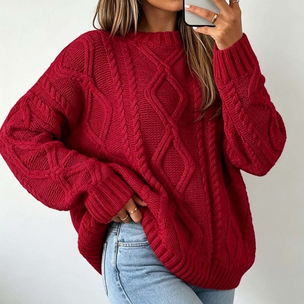 Women's Oversized Cable-Knit Sweater with Crew Neck 10