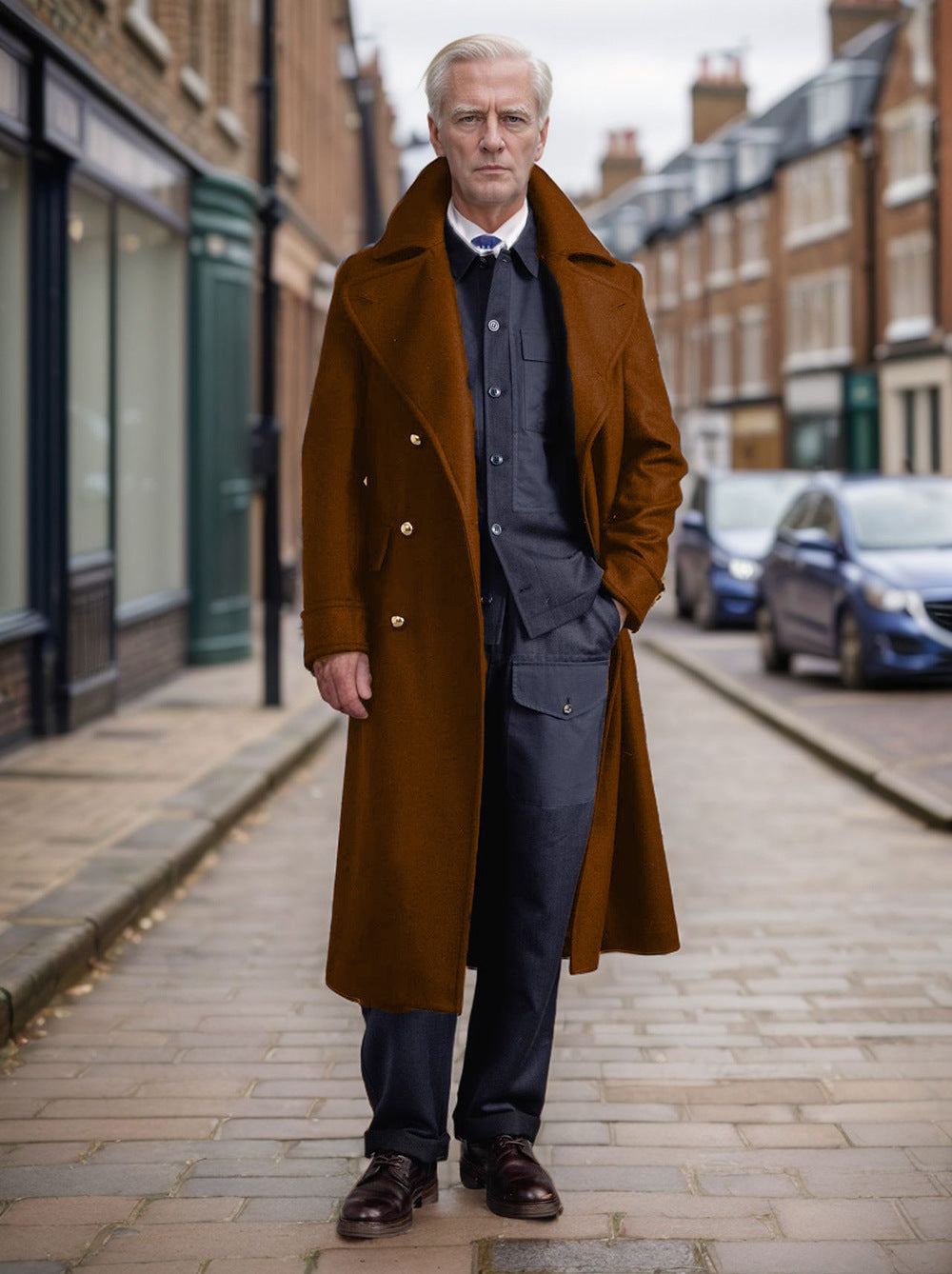 Men's Double-Breasted Long Overcoat Wide Collar 1