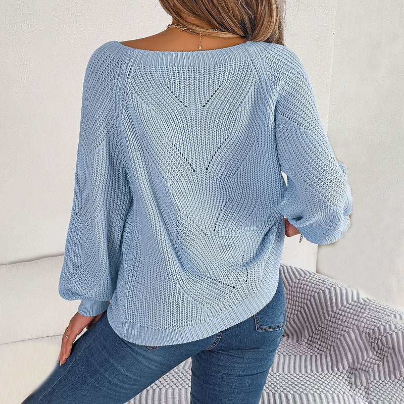 Women's Open-Knit Pullover Sweater with Balloon Sleeves 4