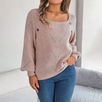 Women's Open-Knit Pullover Sweater with Balloon Sleeves 3