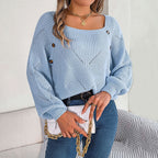 Women's Open-Knit Pullover Sweater with Balloon Sleeves 7