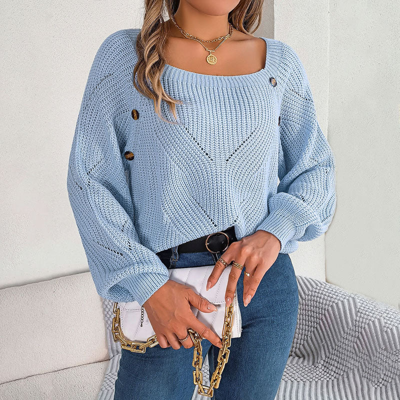 Women's Open-Knit Pullover Sweater with Balloon Sleeves 7