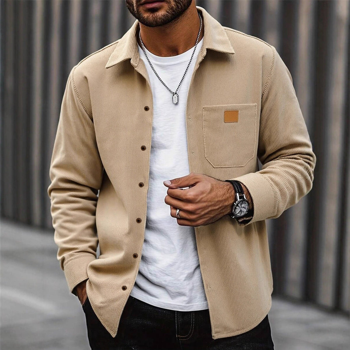 Men's Corduroy Shirt Jacket with Button Front Chest Pocket 1