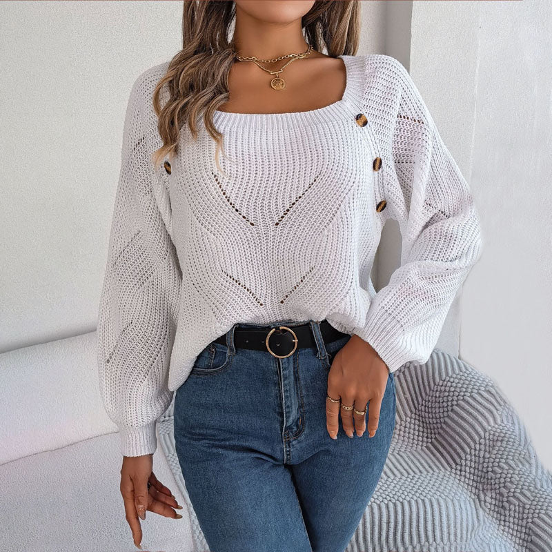 Women's Open-Knit Pullover Sweater with Balloon Sleeves 2