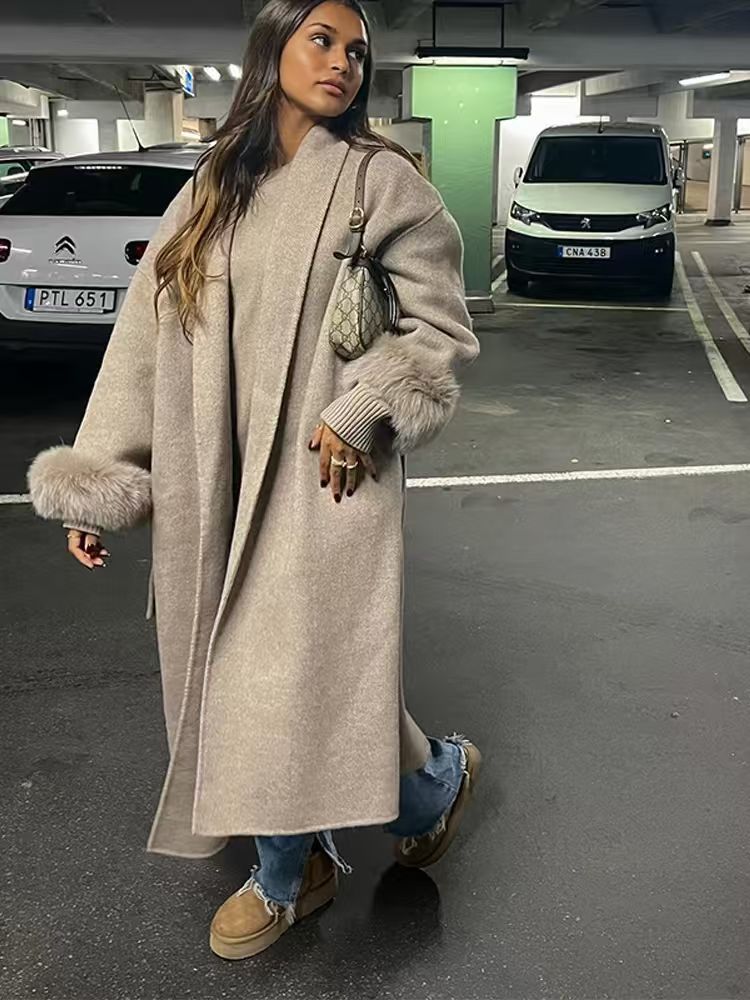Women's Long Open-Front Coat with Faux Fur Cuffs 2