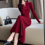 Women's Ribbed Knit Midi Dress with High Neck and Button Details 1
